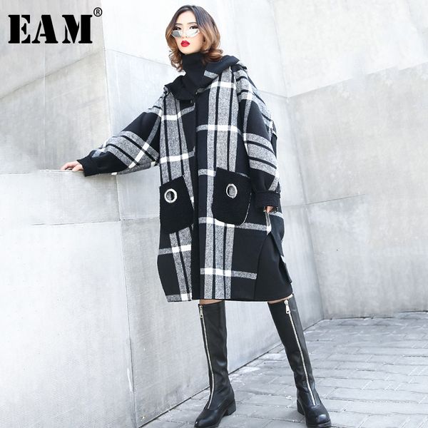 

eam] loose fit plaid split joint big size woolen coat parkas new long sleeve women fashion tide autumn winter 2019 1h35601, Black