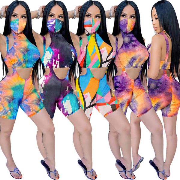

womens sleeveless crop with face mask biker shorts overalls tracksuits tie-dye 2 two piece outfits set summer streetwear clothing, Gray