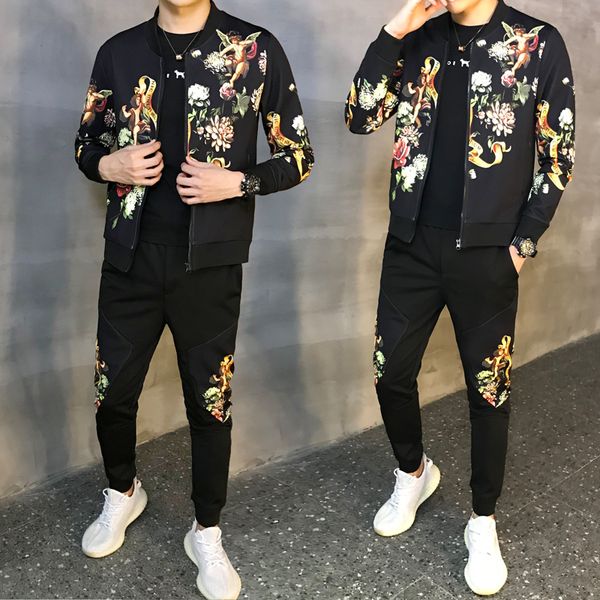 

autumn man sport 2 piece sets sport suit jacket + pants tracksuit male tracksuit asian size moda hombre 2019 new men's set, Gray