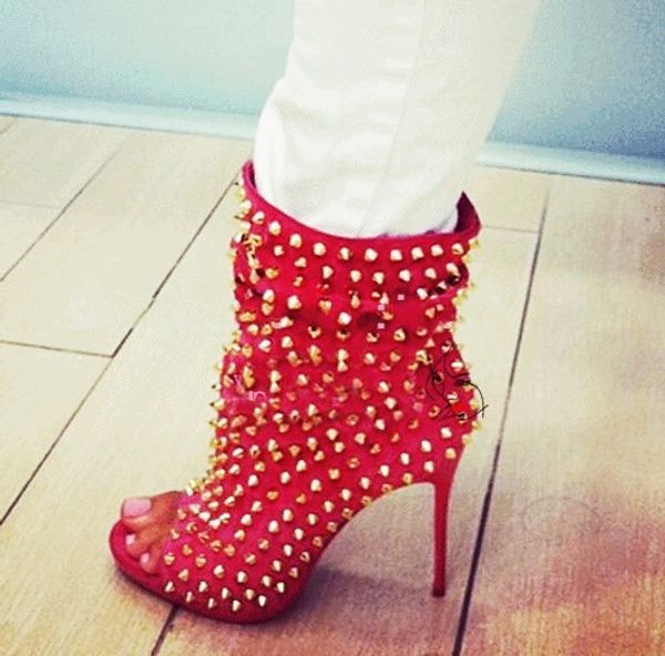 

rivet decor peep toe ankle bootie woman runway bling bling short boots customized red black white studded female shoes