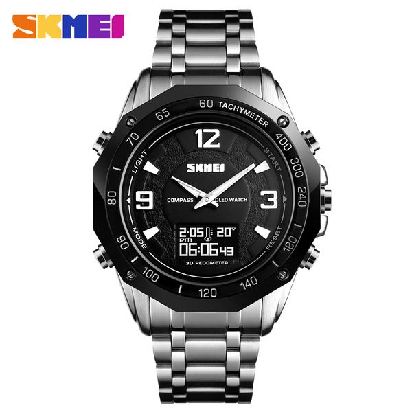 

skmei men compass smart watch calorie calculation dual display quartz wristwatches alarm 3 time men clock relogio masculino 1464, Slivery;brown