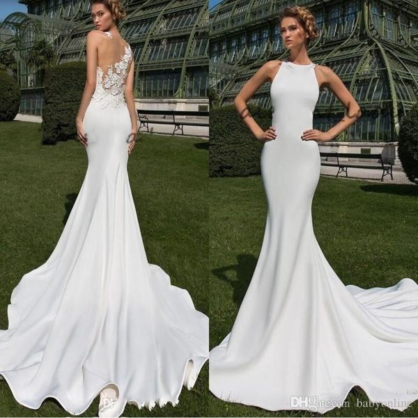 Простое белое матовое пятно русалка свадебные платья отвесной задней кружева аппликация Jewel Crystal Design Открытый свадебные платья Vestido De Noiva
