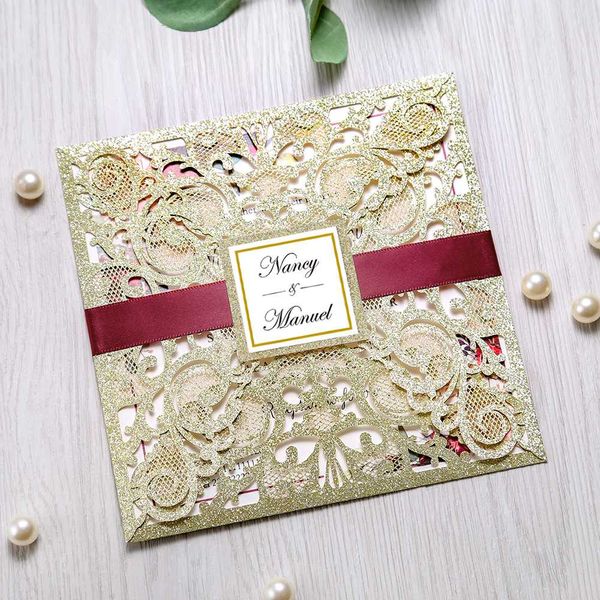 

50pcs custom square laser cut glitter gold wedding invitations with envelope for wedding, party