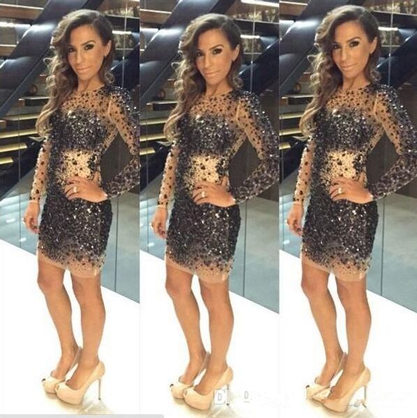 

sparkly shiny black sequins crystal beaded long sleeve cocktail dresses short see though prom dress charming arabic mini party gowns