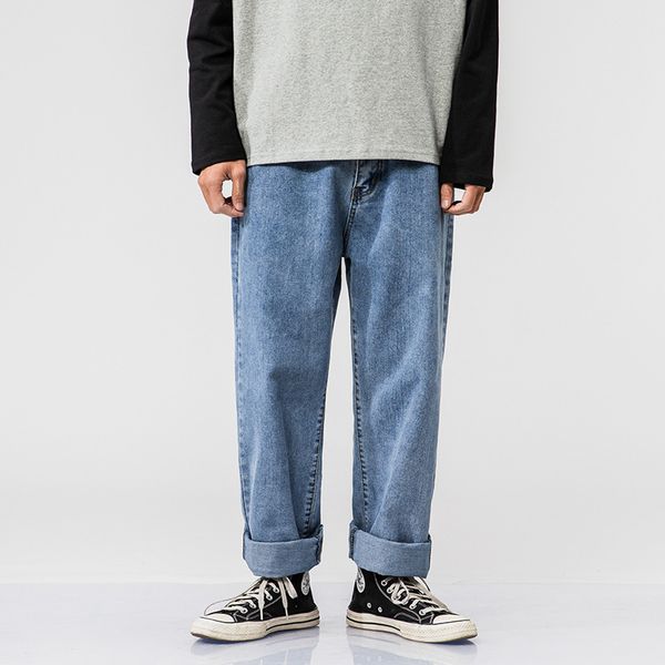 

male japan korea streetwear hip hop denim pant men vintage fashion loose wide leg jeans trousers, Blue