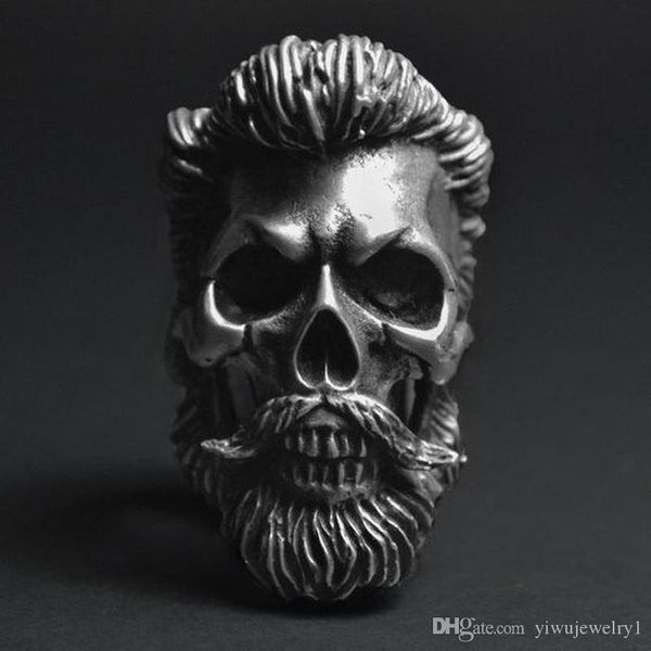 

vintage gothic men's 316l stainless steel skull bearded nightclub hip hop ring for punk gothic jewelry riding ring size 7-14, Silver