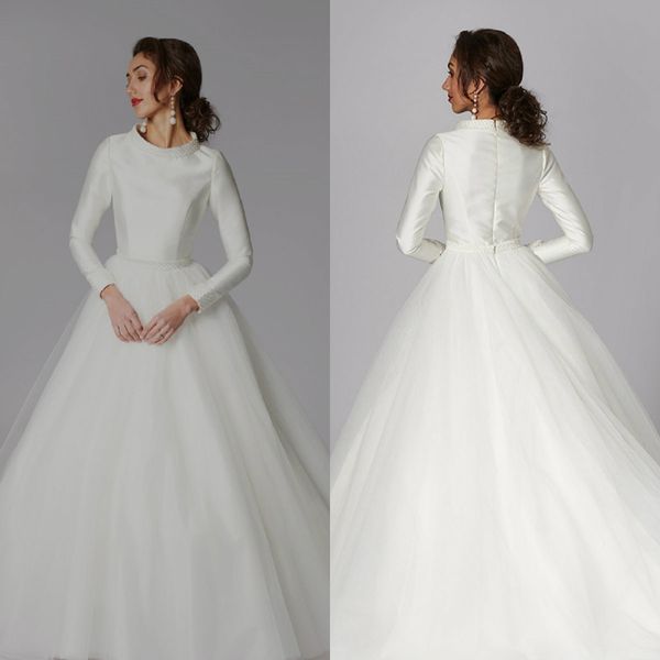

long sleeve a line wedding dresses jewel neck beads tulle plus size wedding dress sweep train robes de mariÃ©e, White