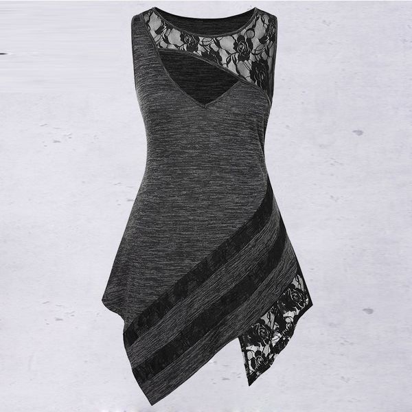 

rosegal plus size lace insert cut out asymmetric tank women clothing summer round collar sleeveless big size pullovers, White
