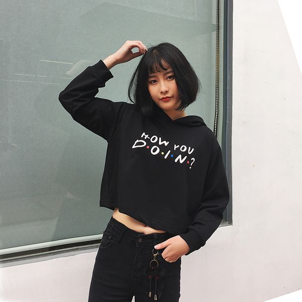 

how you doin printed hoodies women 2019 harajuku long sleeve cropped hooded sweatshirt crop hoody pullover streetwear female, Black
