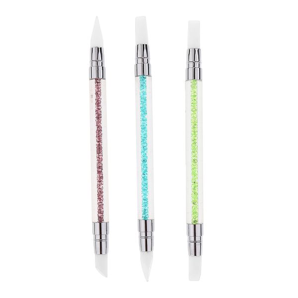 

3pcs nail silicone brushes uv gel nail art carving pen brushes sculpture painting pen with rhinestone acrylic handle, Silver;gold