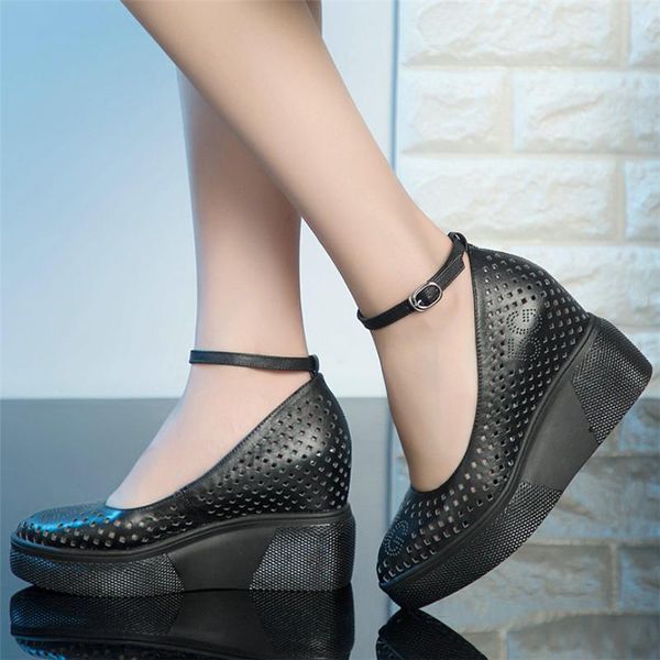 

women ankle cross strap cow leather sports gladiator sandals ladies platform wedge high heel mary jane shoes female casual shoes, Black