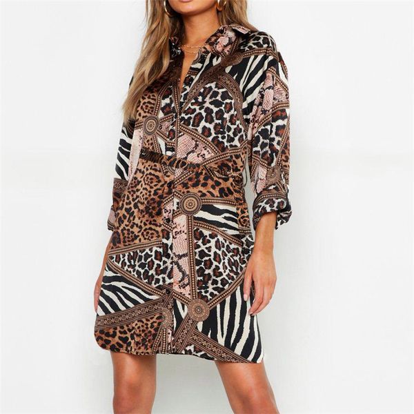 

leopard dress women 2020 summer mini party dress leisure turn down collar office shirt dress ladies bandage dresses vestido, Black;gray