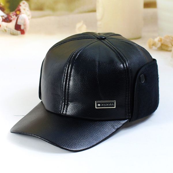 

fibonacci men's winter hat warm ear protection plus velvet thick middle aged elderly leather baseball cap, Blue;gray