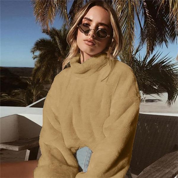 

2019 women turtleneck sweaters long sleeve soft plush autumn winter casual sweater thick warm faux fur pullover casacos ed, Black
