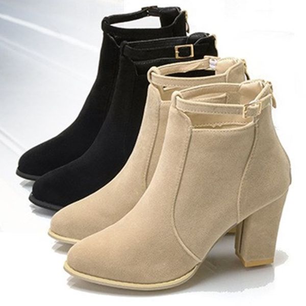 

women's casual shoes fashionable women's boots all take suede buckle thick heel high heels shoes, Black