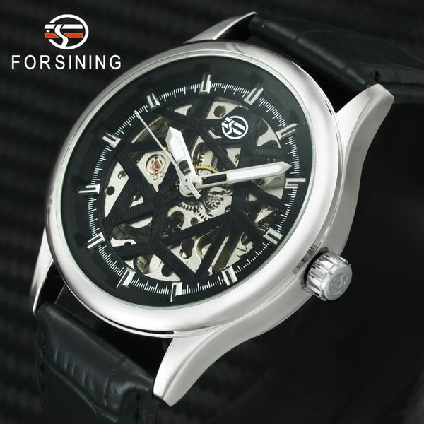 

forsining brand royal dress automatic mechanical watches men leather strap skeleton unique chic design wrist watch for man, Slivery;brown