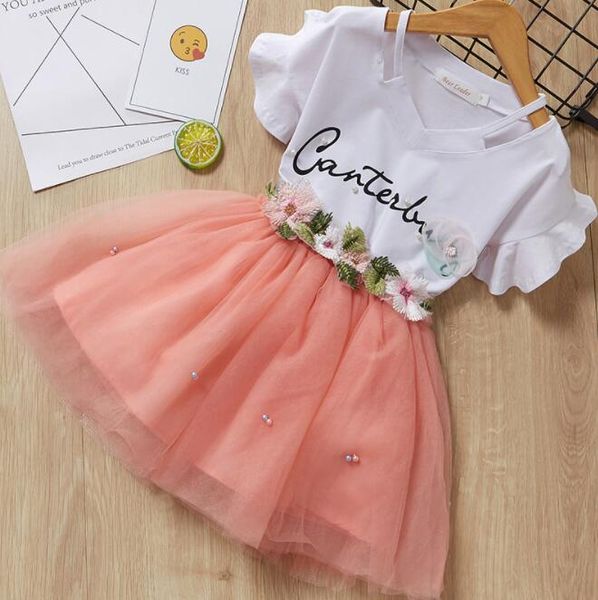 Платья для девочек 2019 марка детской одежды с бабочкой и буквой футболка + цветочные вуаль платье 2 шт. Для комплектов одежды детское платье GB609