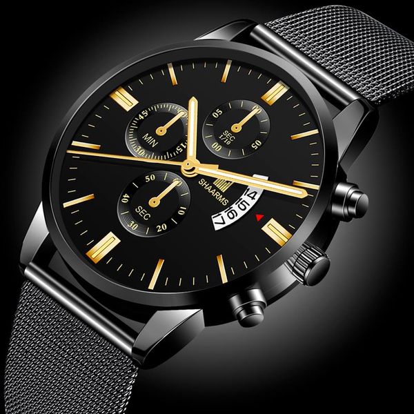 

luxury black mesh band watch men's luxury stainless steel analog quartz wristwatch male fashion business clock date watches, Slivery;brown