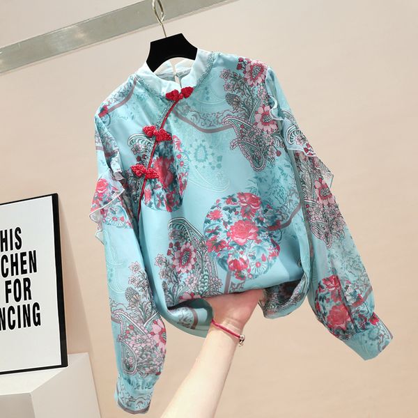 

ladies fashion blouse 2020 spring summer vintage chinese style design ruffled chiffon female cheongsam frog floral shirt 3xl, White