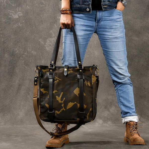 

retro thick oil wax canvas men's single shoulder slung tote bag camouflage large capacity handbag
