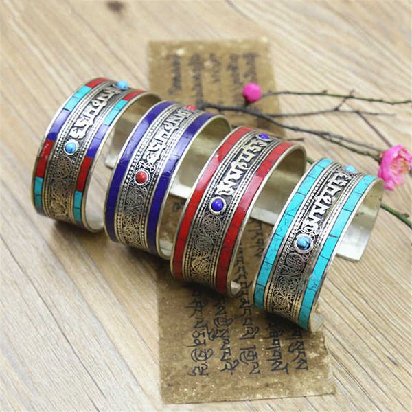 

bb-460 copper inlay colorful stone bangles tibetan mantras open cuff om mani pad me hum, Black