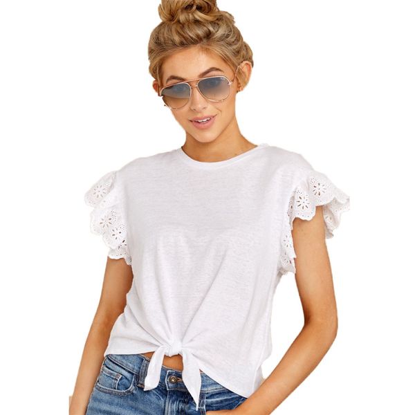 

fashion lace women blouses shirt summer short sleeve women solid o-neck lace blouse shirt female blusas femininas l*5, White