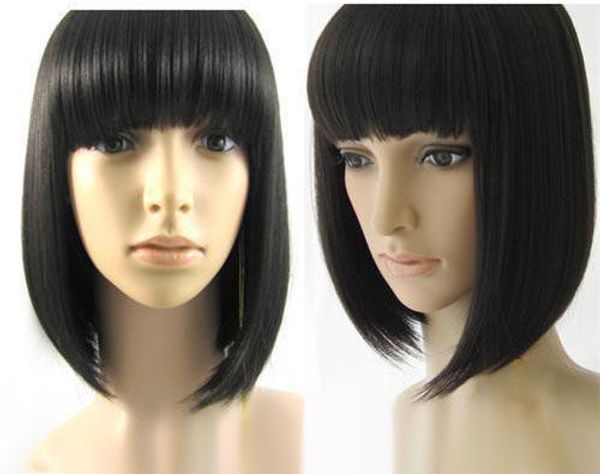 

short black straight bangs bob women lady cosplay party hair wig wigs