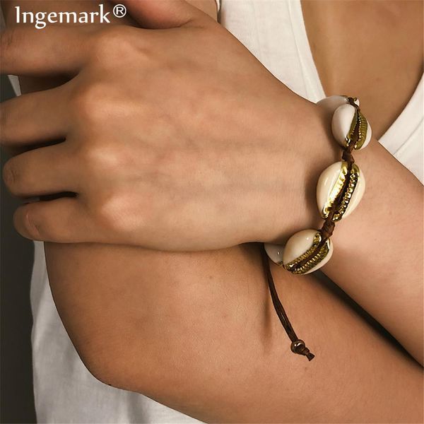 

ingemark bohemian big cowrie shell bracelet anklet summer beach simple golden color seashell woven brown bangle women jewelry, Black