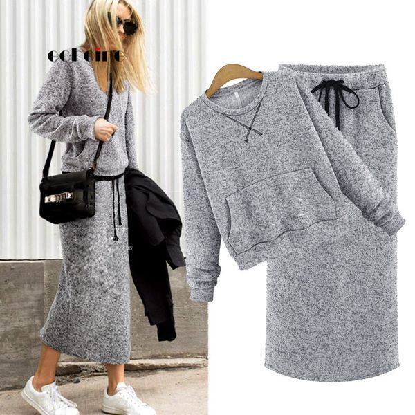 

echoine two piece set women cashmere hoodie pockets gray casual calf-length skirt lace up maxi dress suit female outwear, White