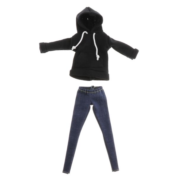 

2 pieces dolls handmade black hoodie and jeans set for 1/6 ball jointed dolls bjd doll dress up outfits accessories