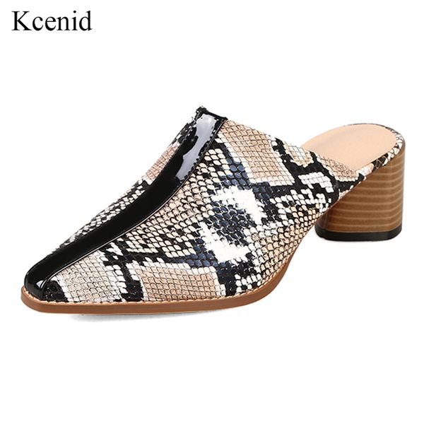 

kcenid wood high heels snake print slippers women square toe mules shoes women summer fashion slides shoes 2019 plus size 32-44, Black