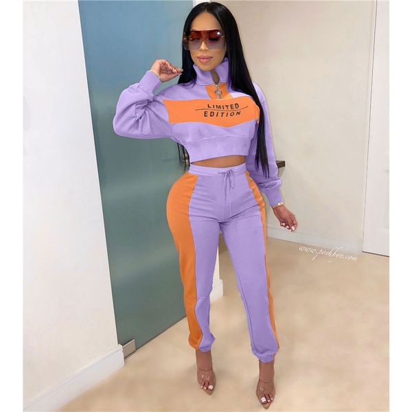 

letter print womens tracksuits panelled ladies two piece suits pants pullover womens zip neck tracksuits, Gray