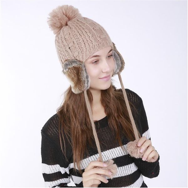 

2018 new autumn winter fashion caps warm beanies women knitted hat caps with ear flaps female skulli, Blue;gray