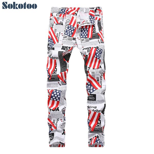 

sokotoo men's american flag paper letters printed jeans fashion white lightweight denim slim pants, Blue