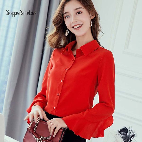 

drl 2019 women deep v-neck chiffon blouse solid long sleeve button shirts autumn office lady elegant blusas plus size, White