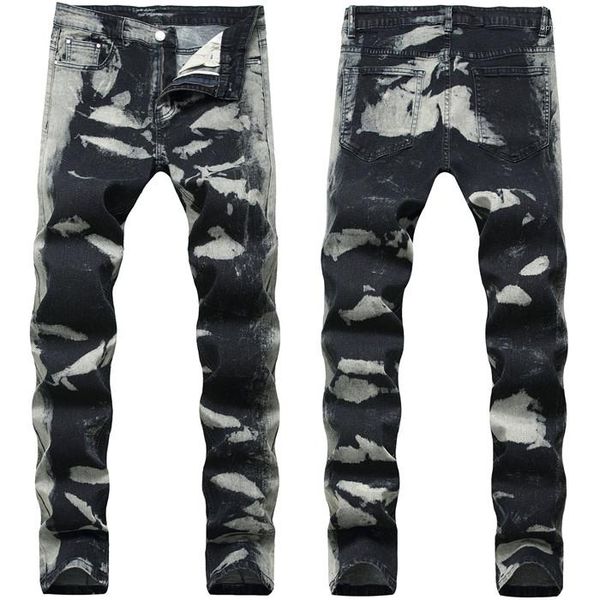 

gray spots mens pencil jeans fashion stretch long designer pants mid waist print mens trousers, Blue