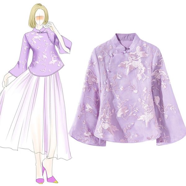

flare sleeve elegant women shirt vintage embroidery floral tang traditional mandarin collar blouse size s m  xl xxl, Black;brown