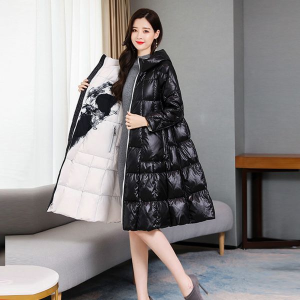 

2019 winter coat women long double sides jacket parka new retro ink print elegant cotton-padded coat female plus size, Black