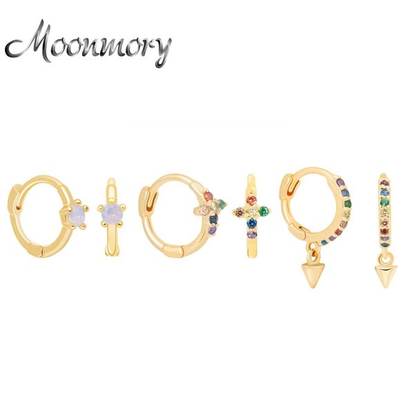 

moonmory solid 925 sterling silver mystic simple stone huggies hoop earring for women small rainbow spike huggies circle earring, Golden