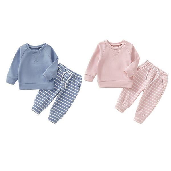 

infant baby girl boys long sleeve blouse striped pattern pants pajamas sleepwear set, Blue;red