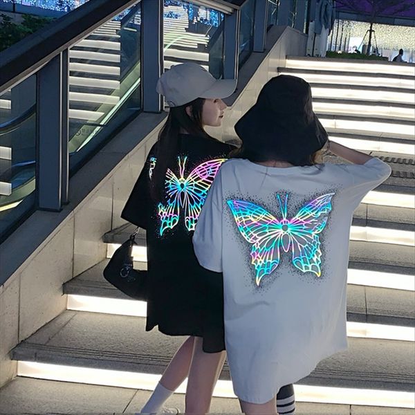 

2020 women's luminous butterfly design ins fashion t-shirt skirt butterfly skirt loose midi short-sleeved t-shirt, White