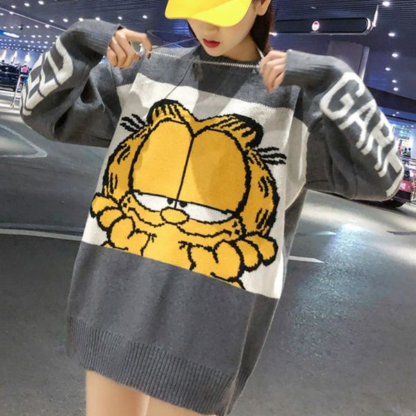 

new korean garfield women sweater cartoon cute loose pullover autumn winter fashion girl clothes female knit sweater 2019, White;black