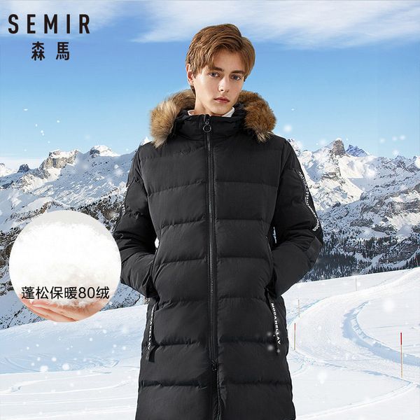 

semir thick warm men long parka jacket 2019 new casual winter jacket man overcoat male outerwear fake fur collar outwear, Black