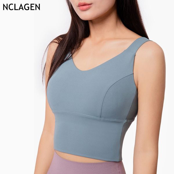 

nclagen underwear female soft high impact sports vest gym sport workout running push-up halter naked-feel dry fit crop top, White;black