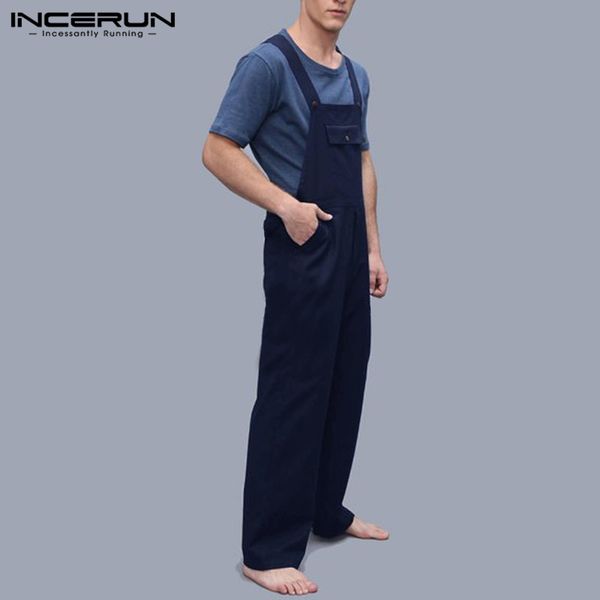 

incerun new fashion men jumpsuit rompers pockets solid color loose strap suspenders pants men joggers overalls hombre 2019 s-5xl, Black