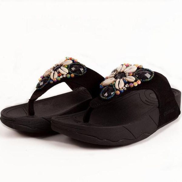 

new summer women slippers shell diamonds slippers ladies shoes wedges platform beach flip flops heels zapatos mujer sh133, Black