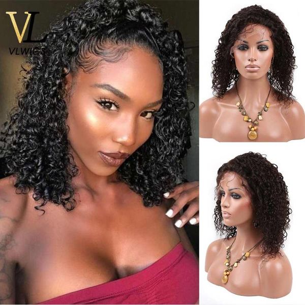 

vlwigs short curly lace front wig brazilian remy 13Ã6 human hair wigs with baby hair for women pre plucked bleached knots vl17, Black;brown