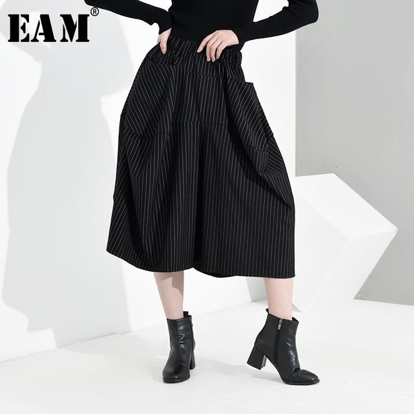 

eam] high elastic waist striped pocket split wide leg trousers new loose fit pants women fashion tide spring autumn 2019 jh7870, Black;white