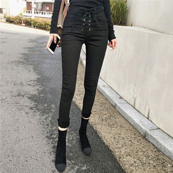 

2019 new women jeans korean high waist jeans female nine pants black thin elastic tight student feet pants zipper woman, Blue