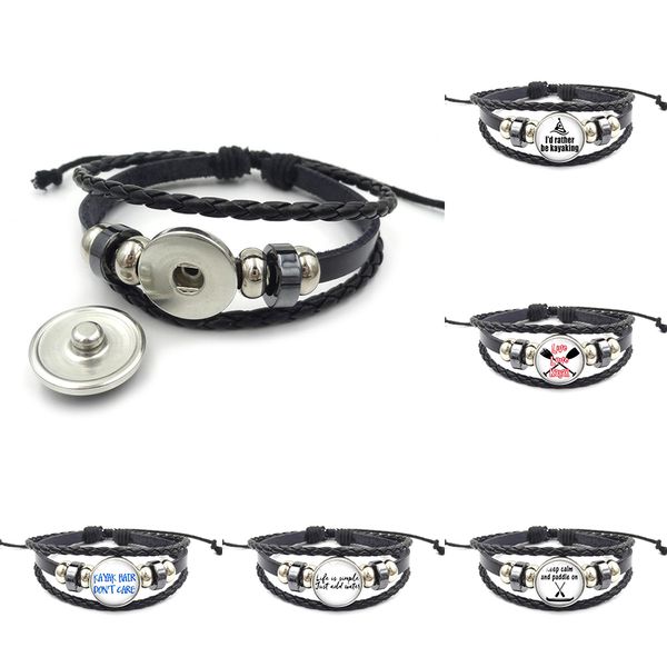 

i'd rather be kayaking bracelets for women men water slalom canoe sports 18mm ginger snap button charm leather wrap bangle fashion jewe, Golden;silver